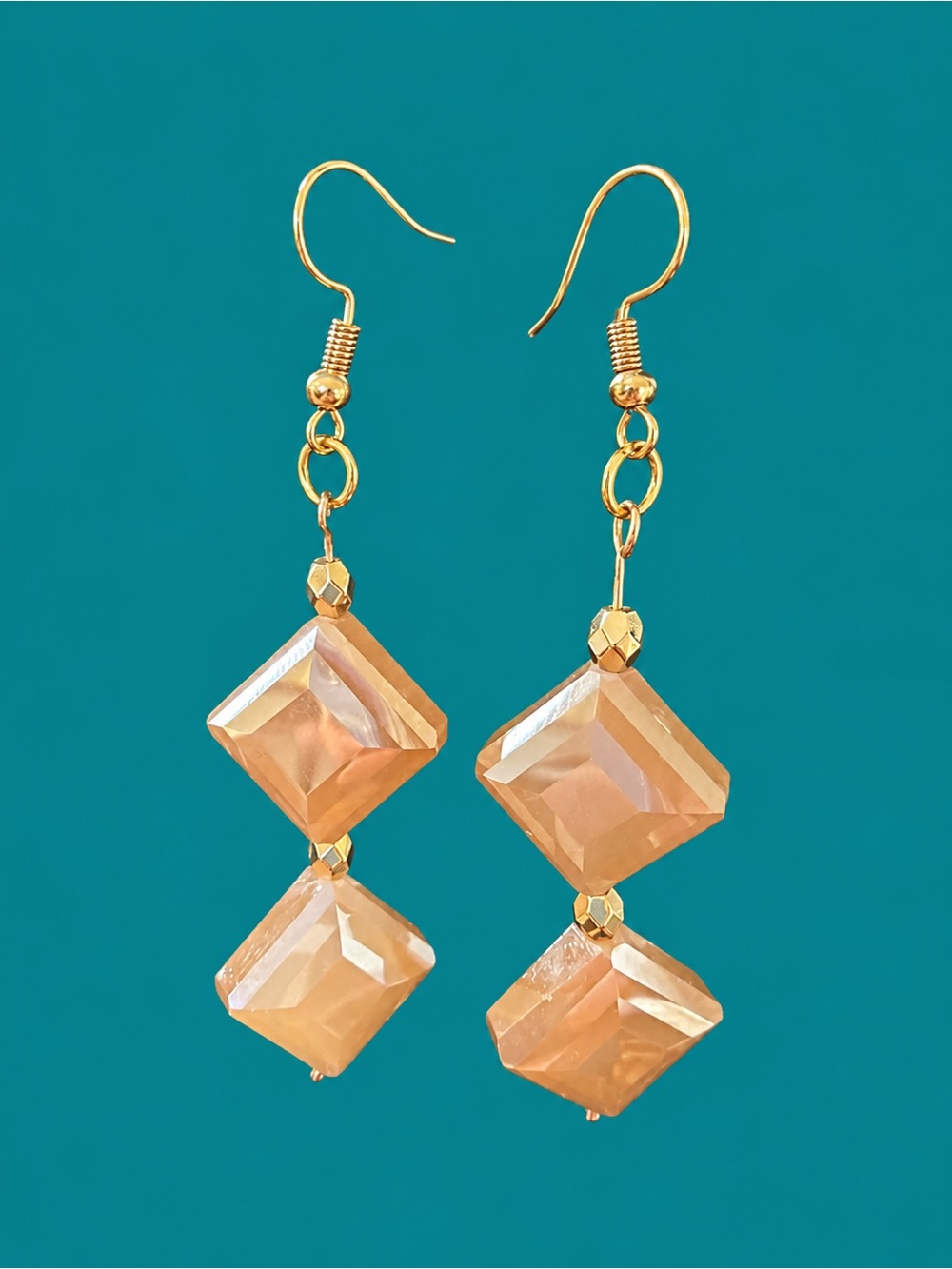 Handmade Gold-Tone Peach Crystal Drop Earrings